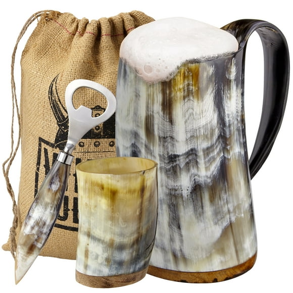 Divit Genuine Viking Drinking Horn Shot Set with Iron Display 60 ml, Horn Shot Horn Cup/Stein & Burlap Gift Sack Included Authentic Medieval Beer Drinking Horn Set of 4 